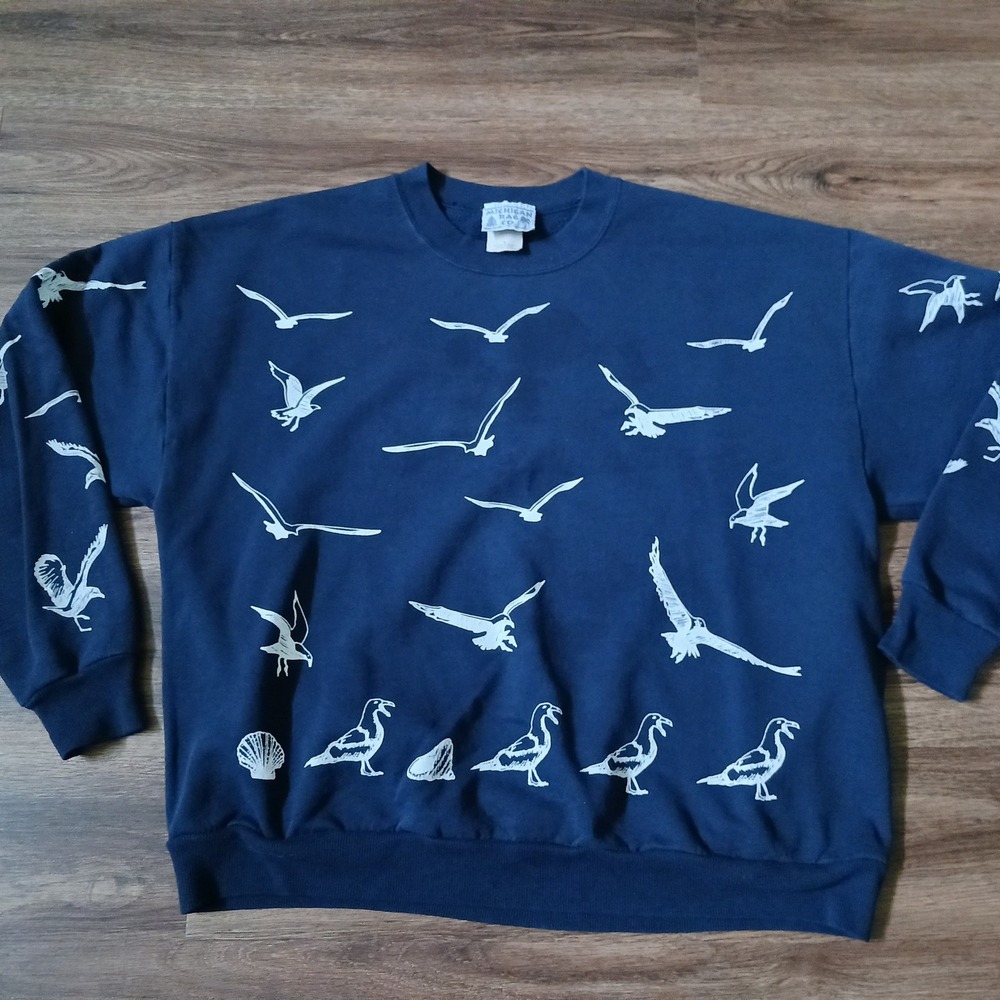 Vintage Michigan Rag Co Seagull Print Sweatshirt Navy Blue XL Coastal Bird READ